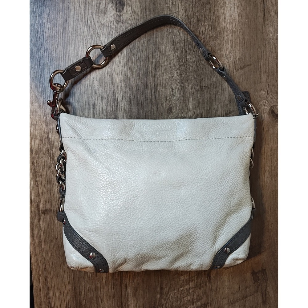 Coach F15251 Shoulder Bag Women Medium Cream Grey Pebbled Leather Chain Strap